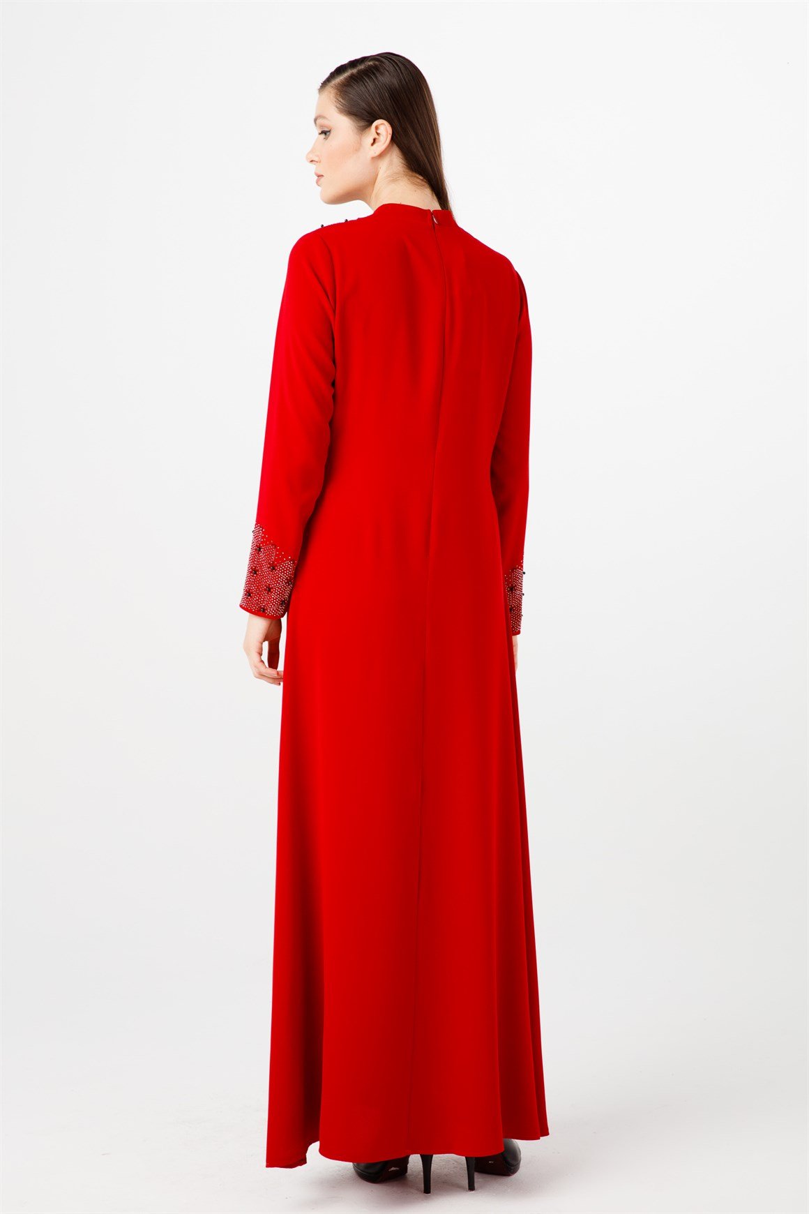 Kırmızı Hakim Yakalı, Kol Ve Ön Beden Taşlı Abiye