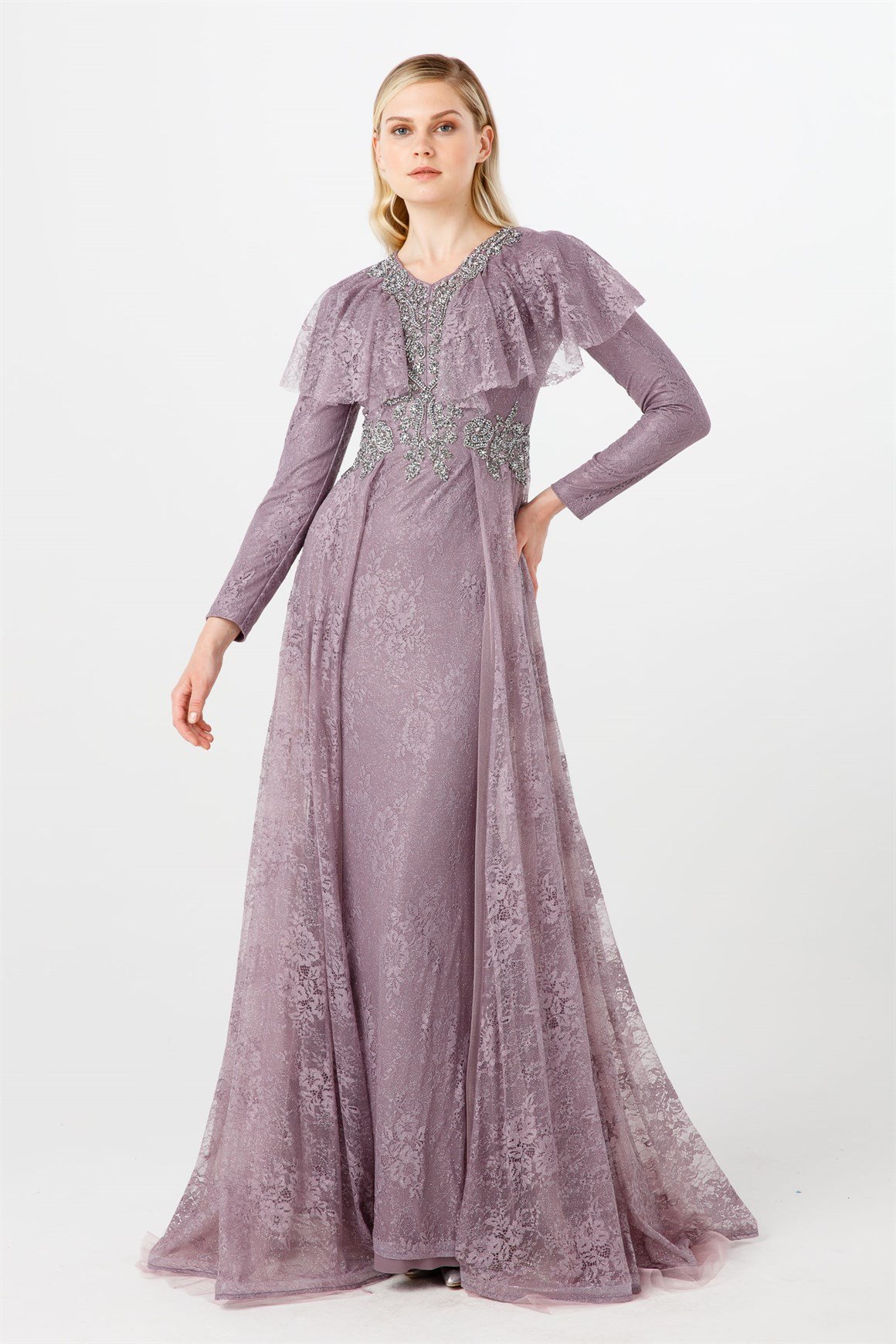 Lila Ön Bel Ve Yaka Taşlı Volan Detaylı Şık Abiye Elbise