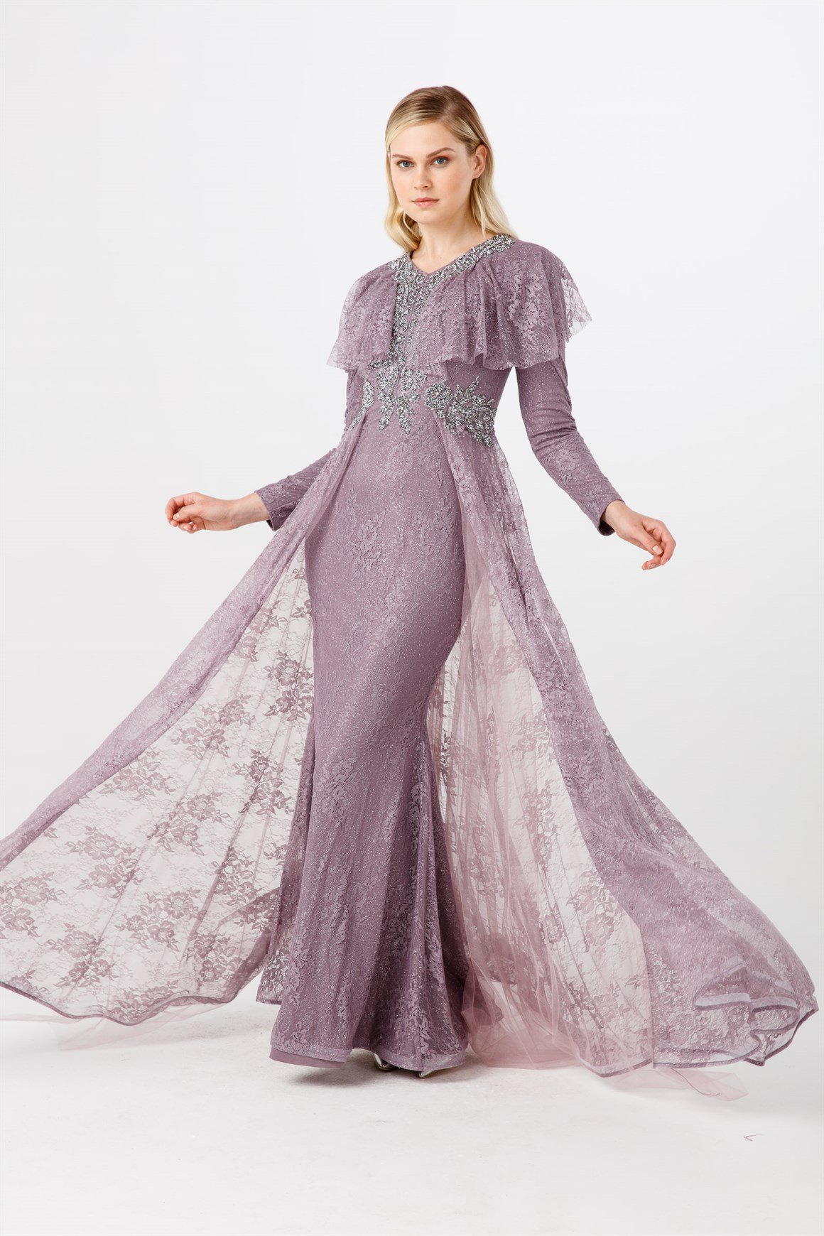 Lila Ön Bel Ve Yaka Taşlı Volan Detaylı Şık Abiye Elbise