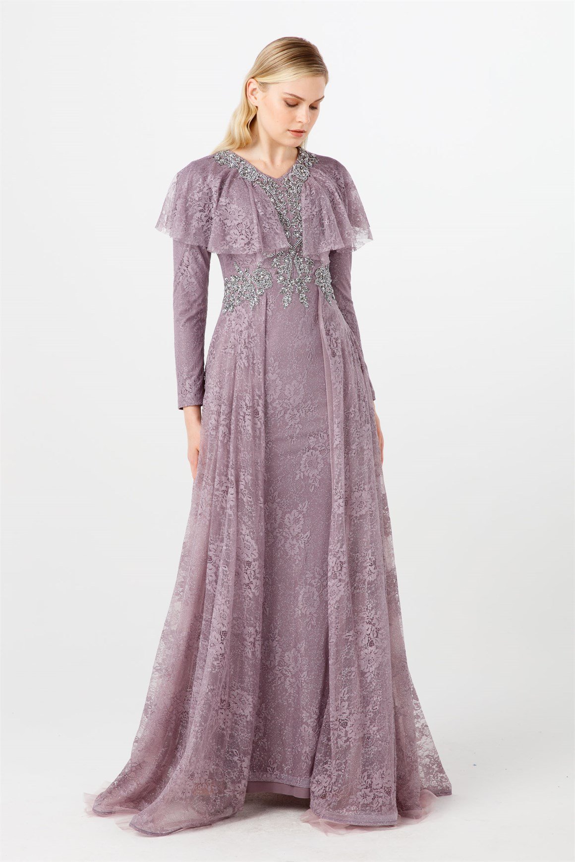 Lila Ön Bel Ve Yaka Taşlı Volan Detaylı Şık Abiye Elbise