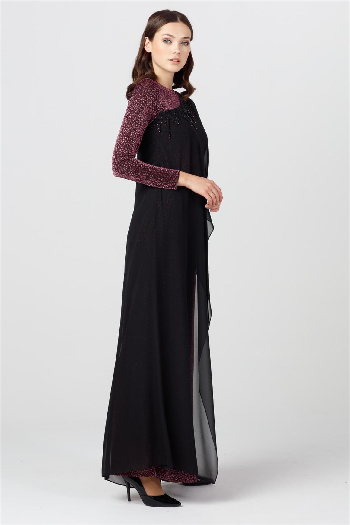 Mürdüm - Simli Desenli Şifon Pelerinli Abiye Tulum