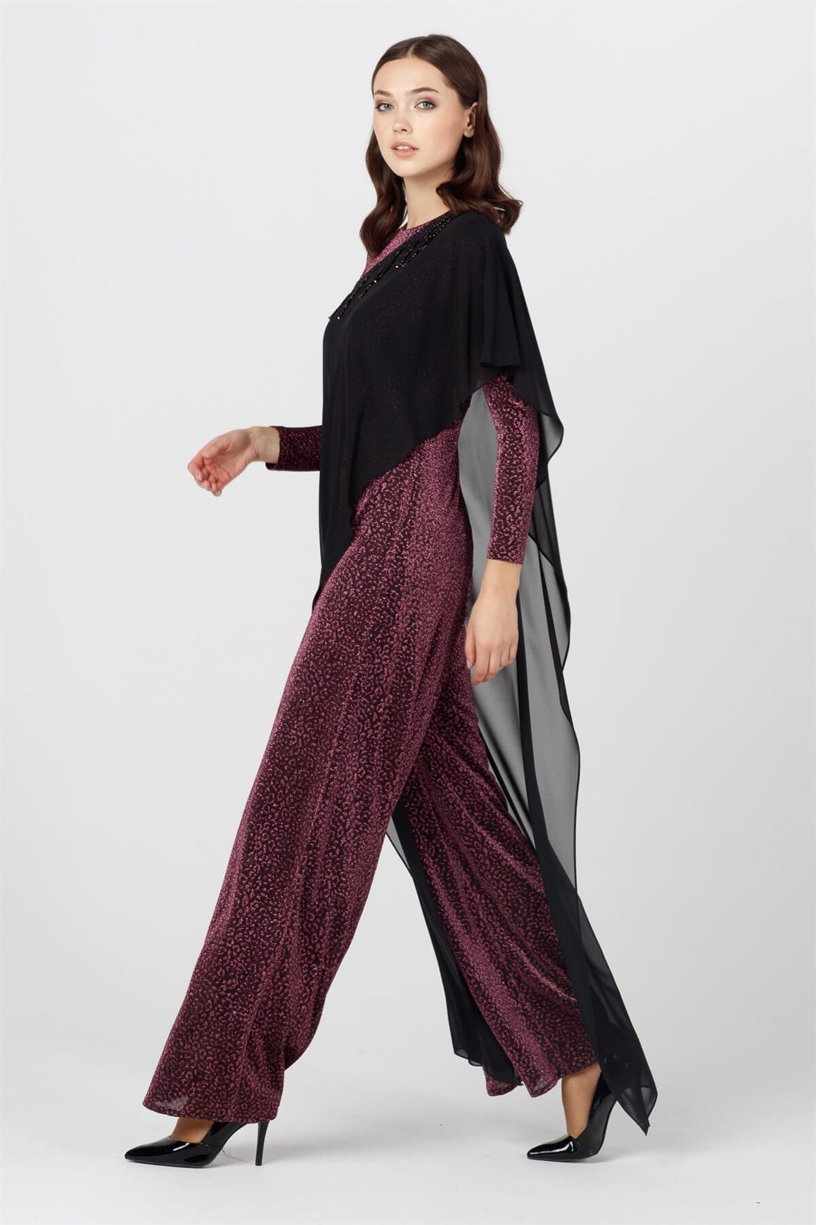 Mürdüm - Simli Desenli Şifon Pelerinli Abiye Tulum