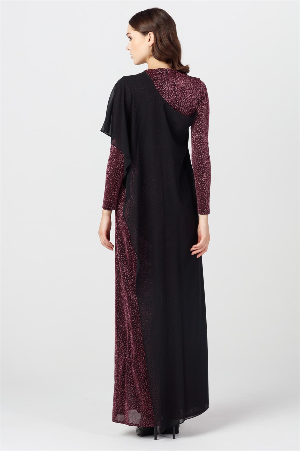 Mürdüm - Simli Desenli Şifon Pelerinli Abiye Tulum