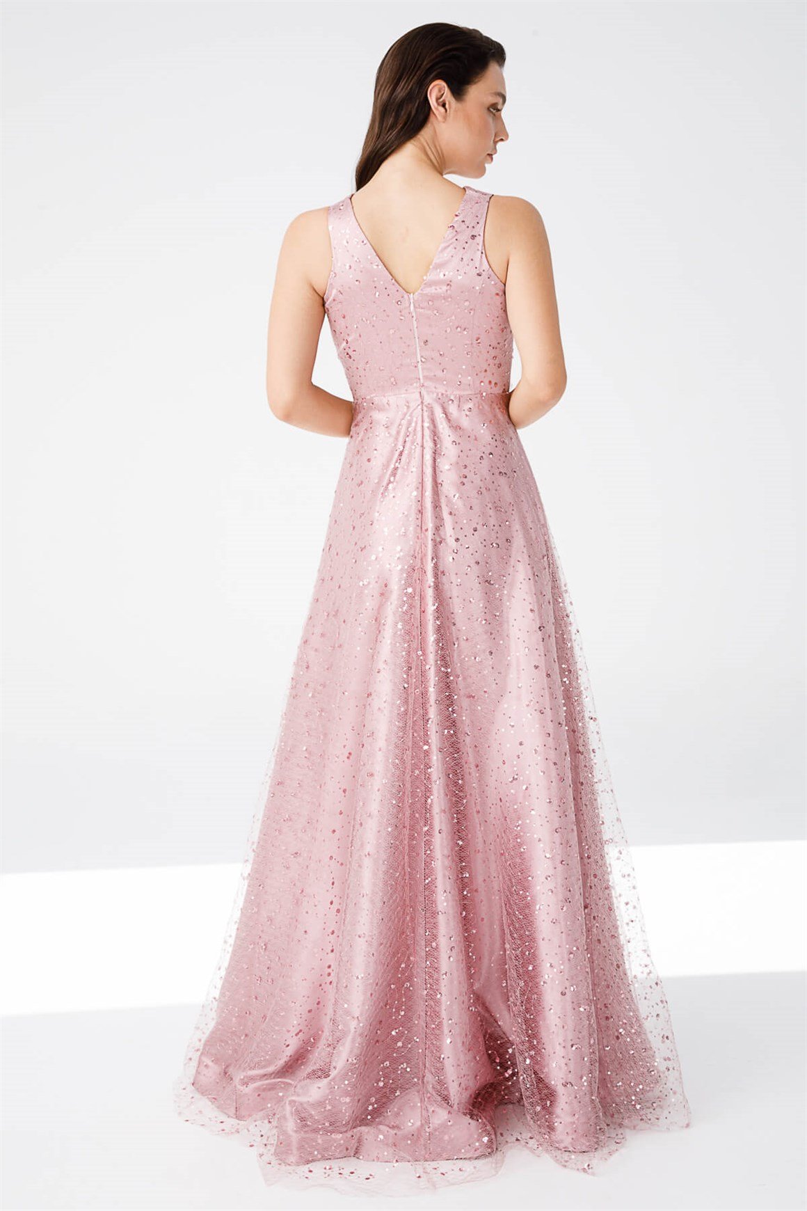 Önü Taş İşli Kiloş Etekli Pul Dantelli Abiye Elbise  Somon