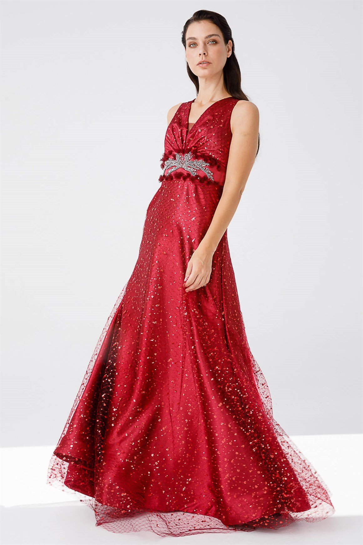 Önü Taş İşli Kiloş Etekli Pul Dantelli Abiye Elbise  Bordo