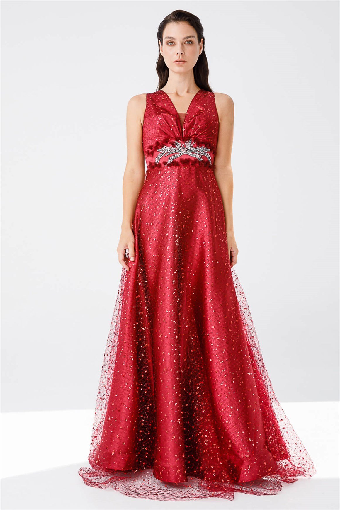 Önü Taş İşli Kiloş Etekli Pul Dantelli Abiye Elbise  Bordo