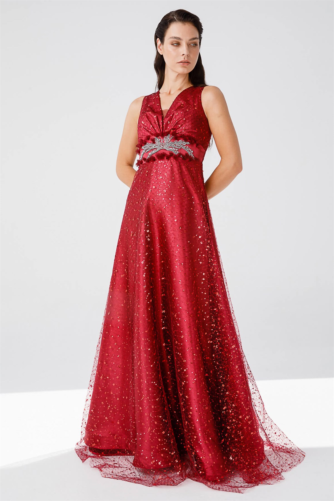 Önü Taş İşli Kiloş Etekli Pul Dantelli Abiye Elbise  Bordo