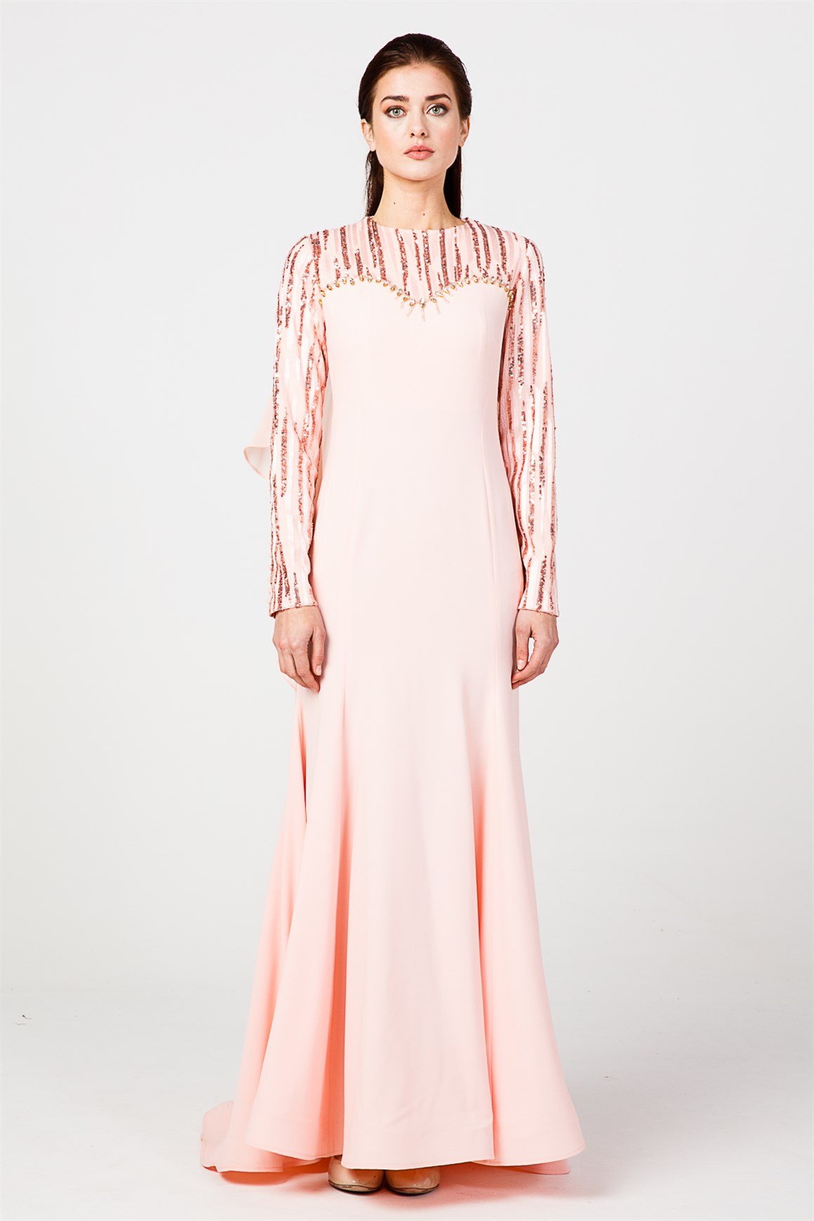 Powder -Stony and Sequin Detailed and Chiffon Tailed Evening Dress