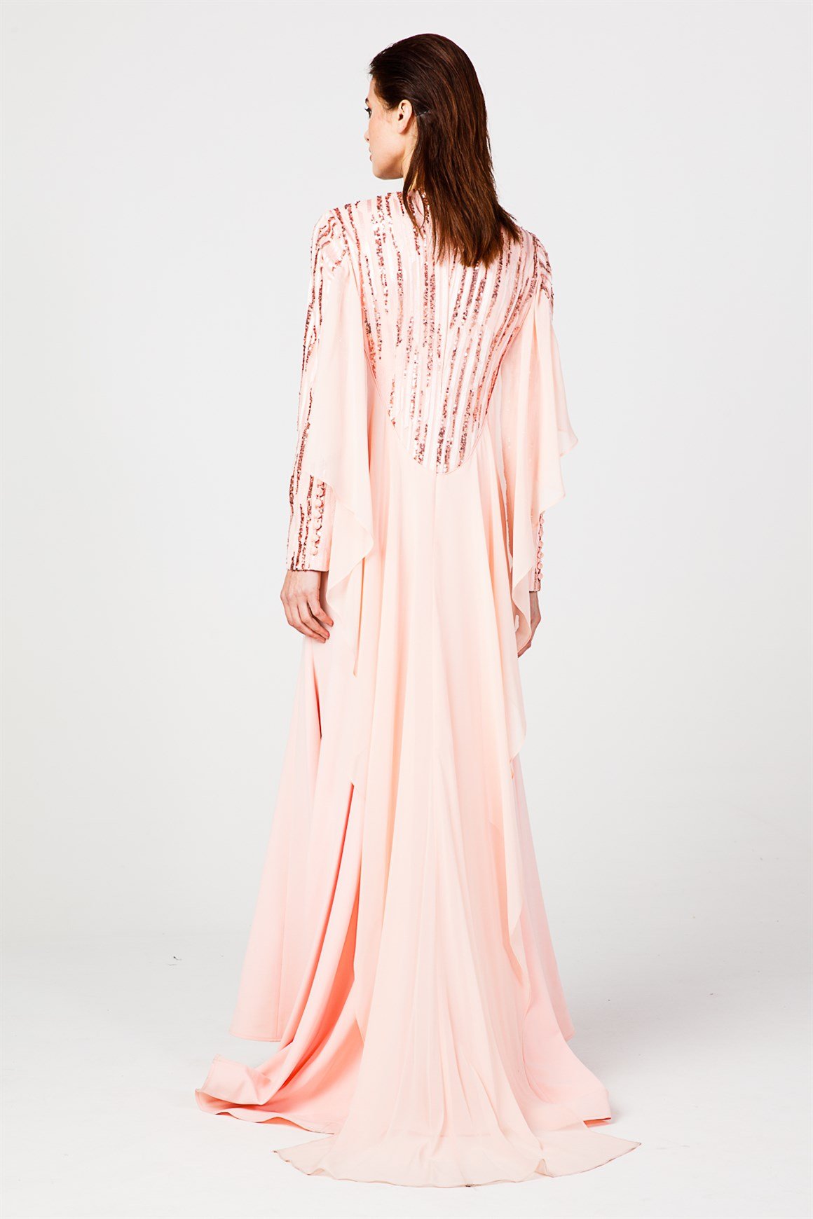 Powder -Stony and Sequin Detailed and Chiffon Tailed Evening Dress
