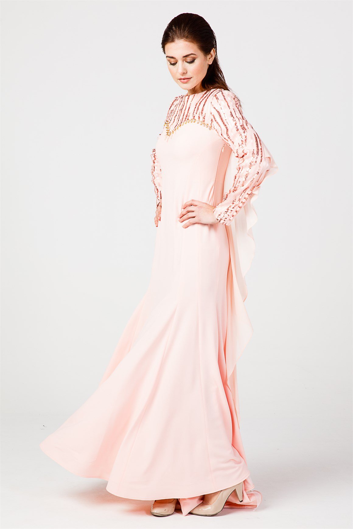 Powder -Stony and Sequin Detailed and Chiffon Tailed Evening Dress