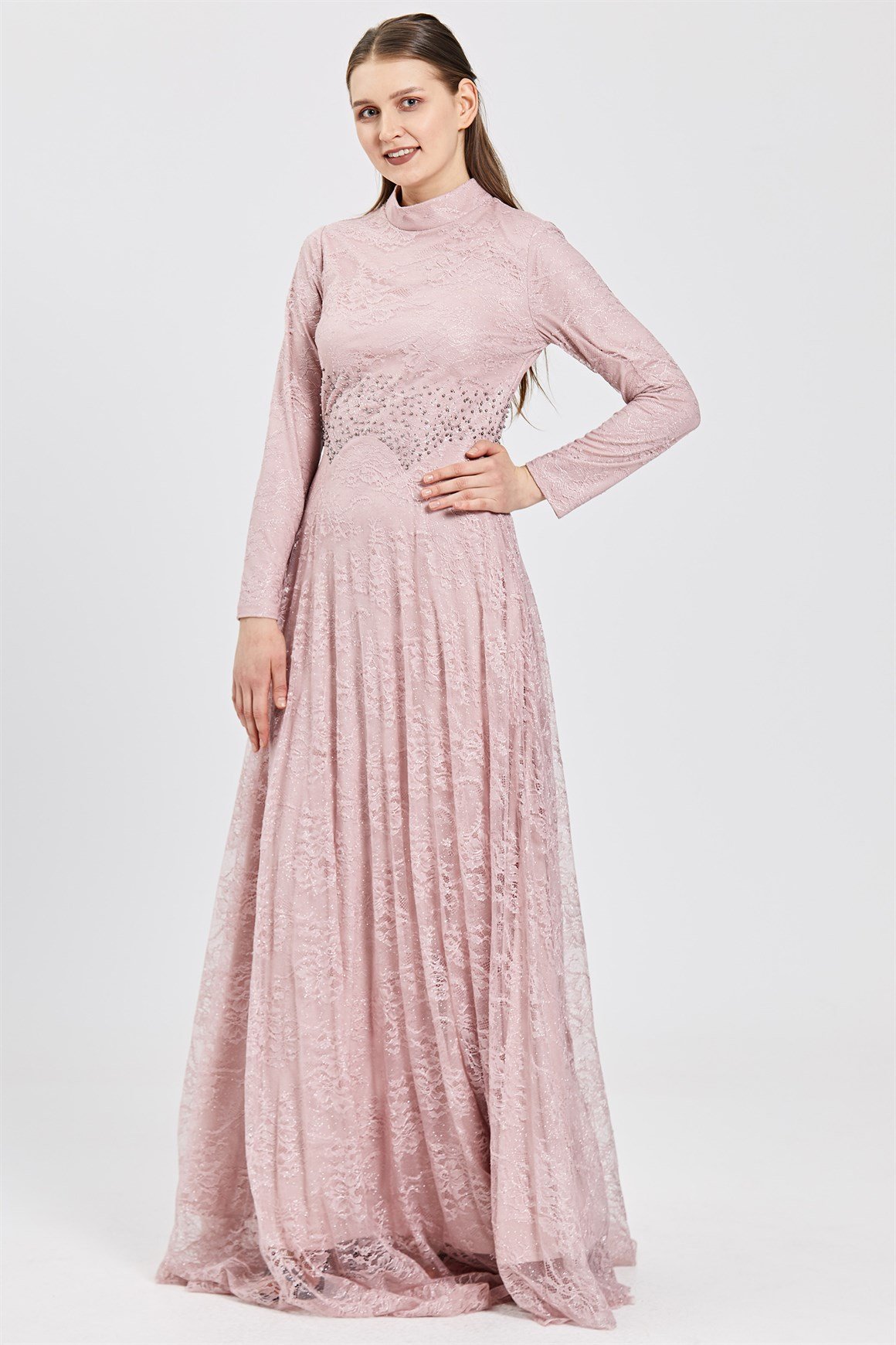 Pudra Dantel Üzeri İnci Çakma Aksesuarlı Abiye Elbise