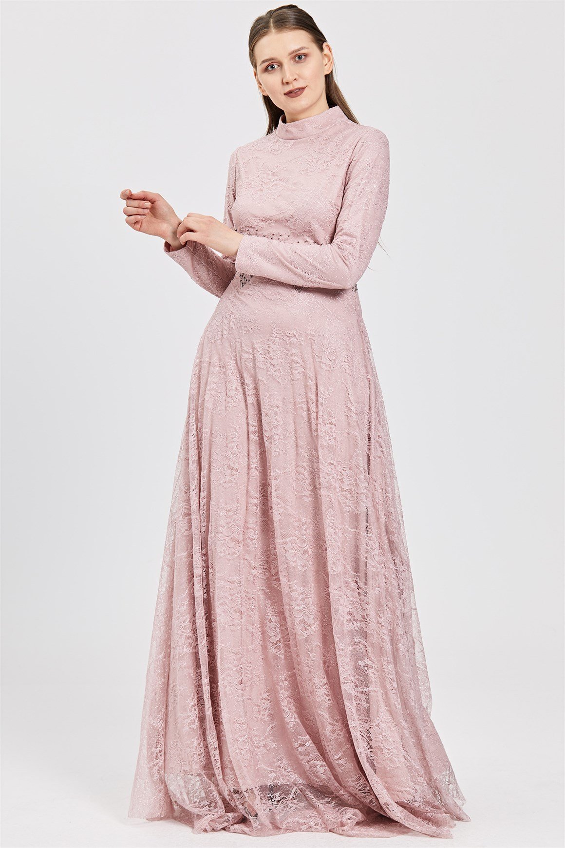 Pudra Dantel Üzeri İnci Çakma Aksesuarlı Abiye Elbise