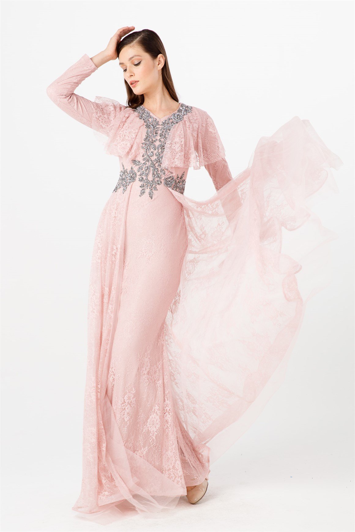 Pudra Ön Bel Ve Yaka Taşlı Volan Detaylı Şık Abiye Elbise