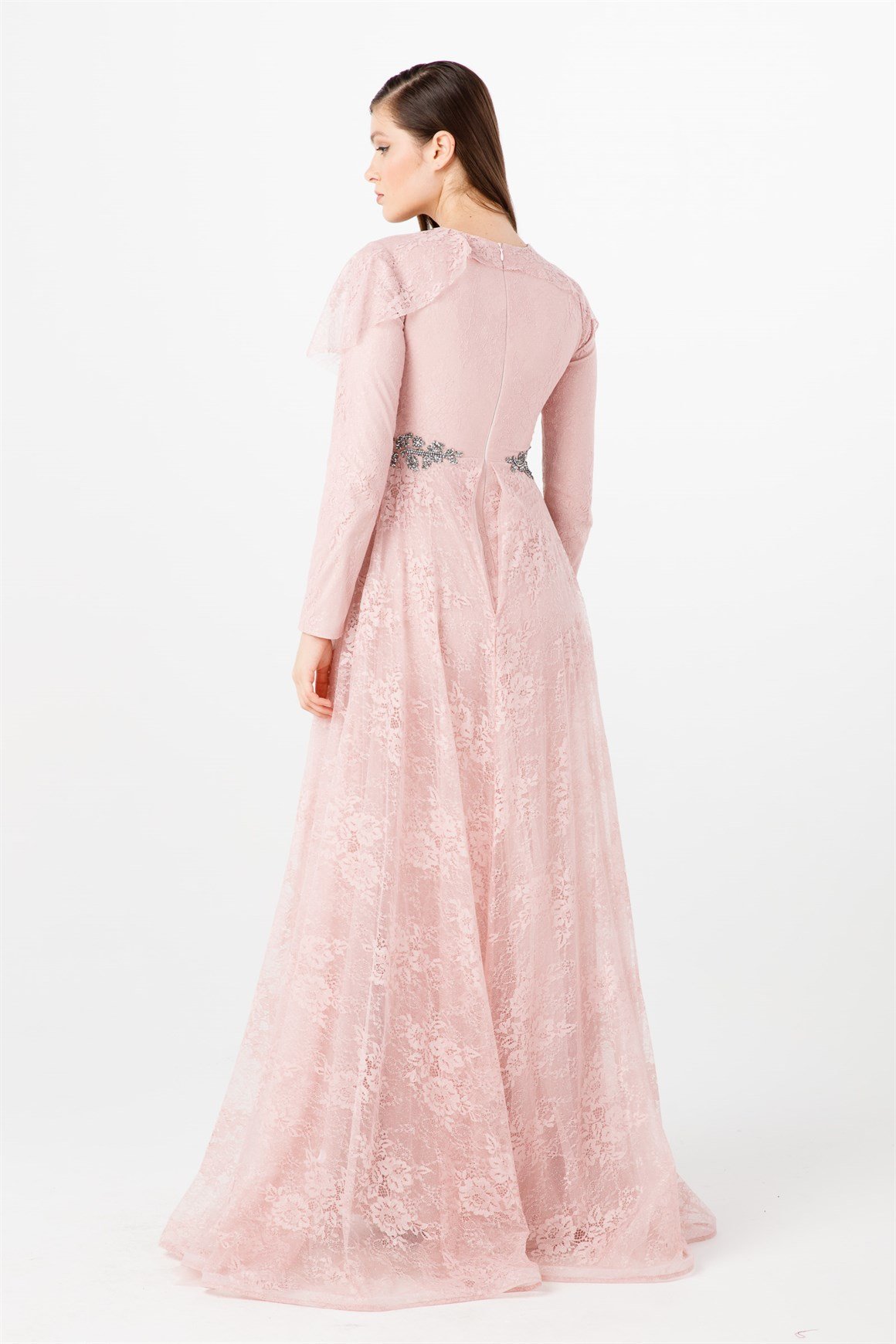 Pudra Ön Bel Ve Yaka Taşlı Volan Detaylı Şık Abiye Elbise