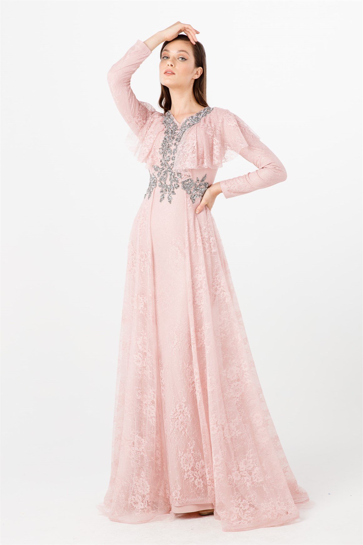 Pudra Ön Bel Ve Yaka Taşlı Volan Detaylı Şık Abiye Elbise