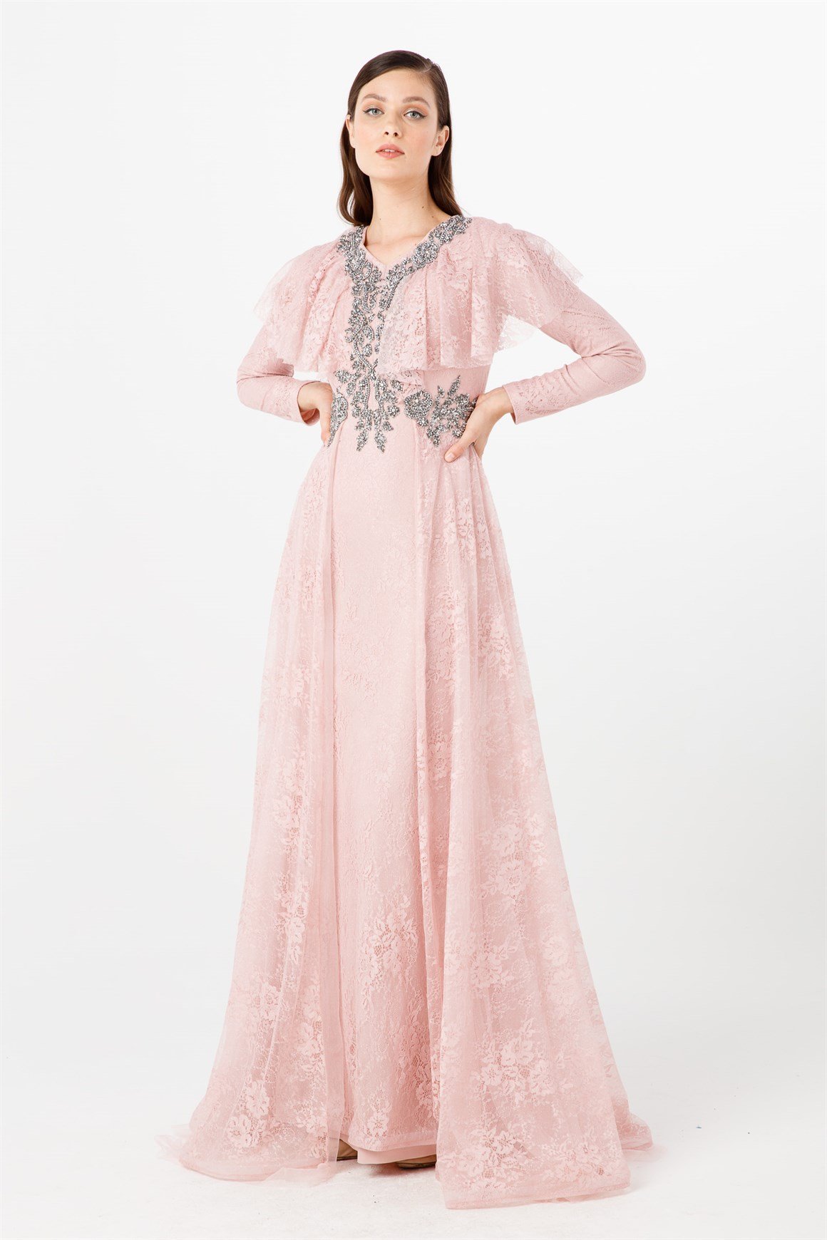 Pudra Ön Bel Ve Yaka Taşlı Volan Detaylı Şık Abiye Elbise