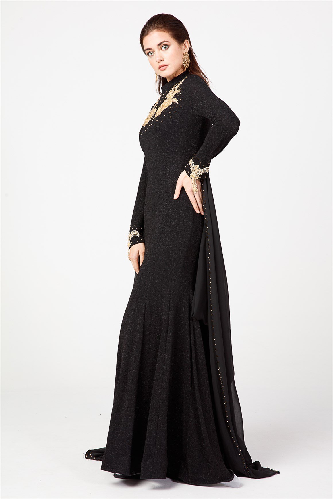 Siyah - Aplike Detaylı Balık Model Abiye Elbise