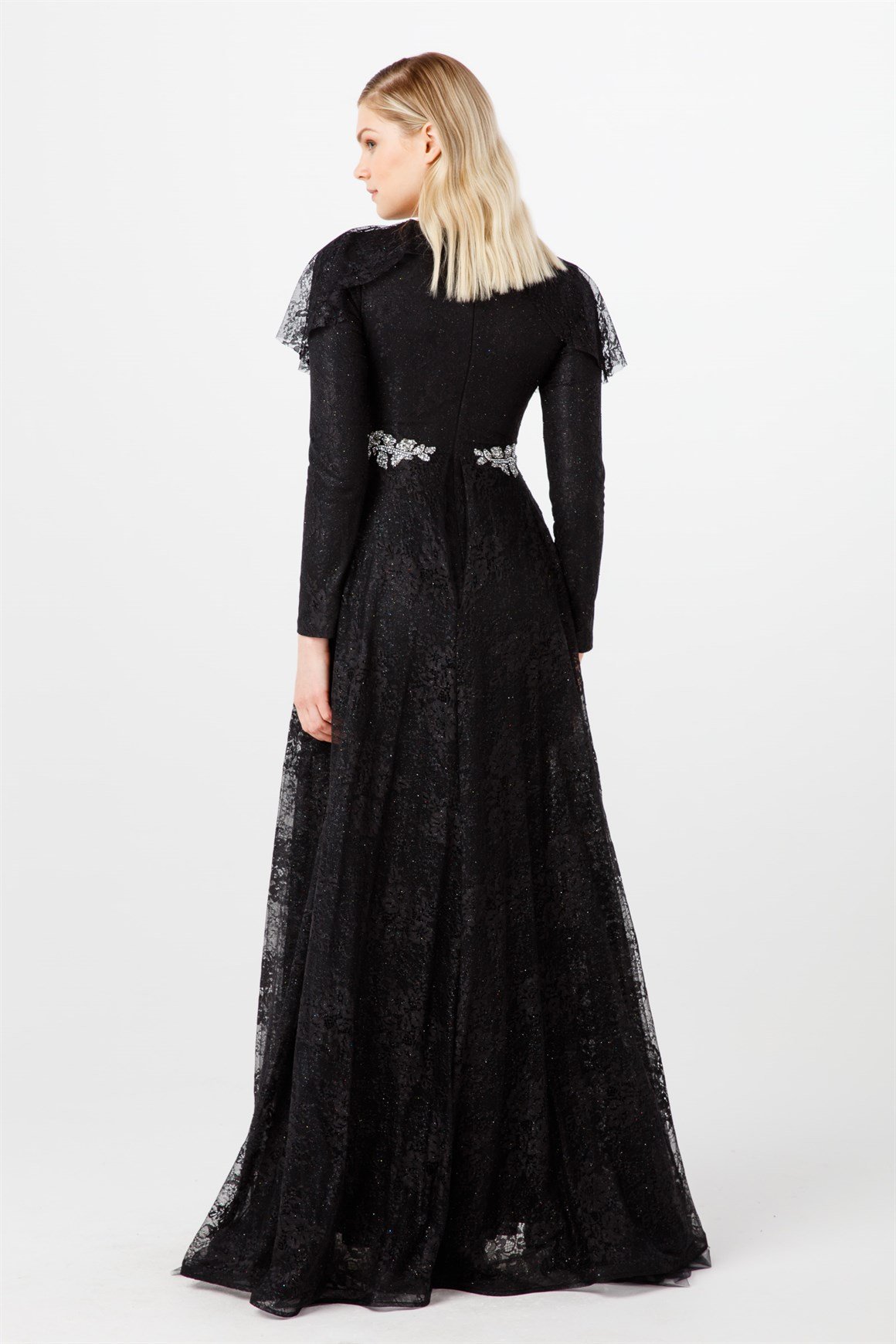 Siyah Ön Bel Ve Yaka Taşlı Volan Detaylı Şık Abiye Elbise