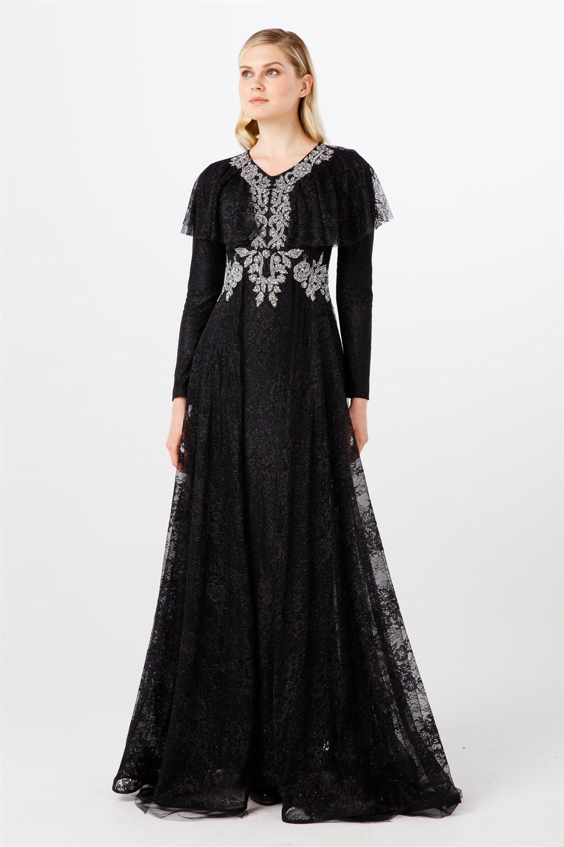 Siyah Ön Bel Ve Yaka Taşlı Volan Detaylı Şık Abiye Elbise