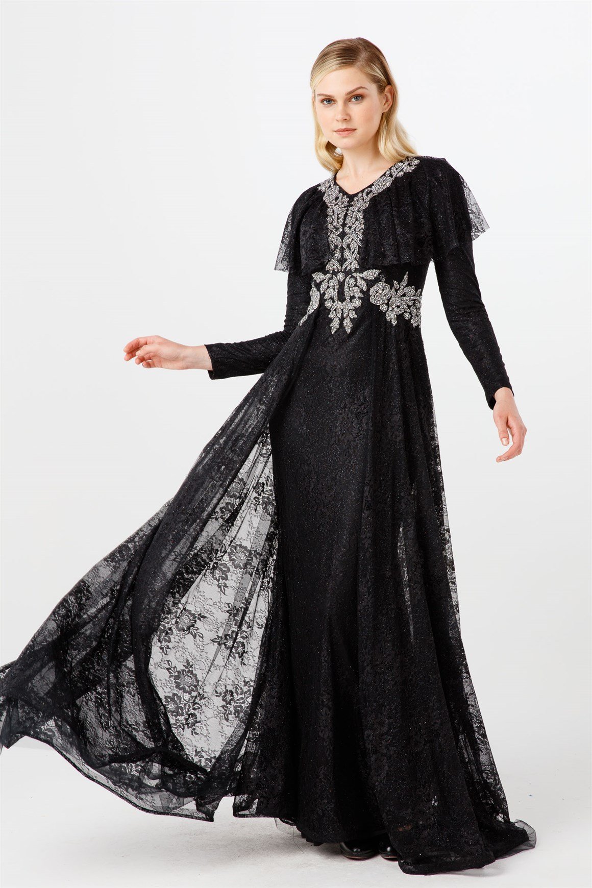 Siyah Ön Bel Ve Yaka Taşlı Volan Detaylı Şık Abiye Elbise