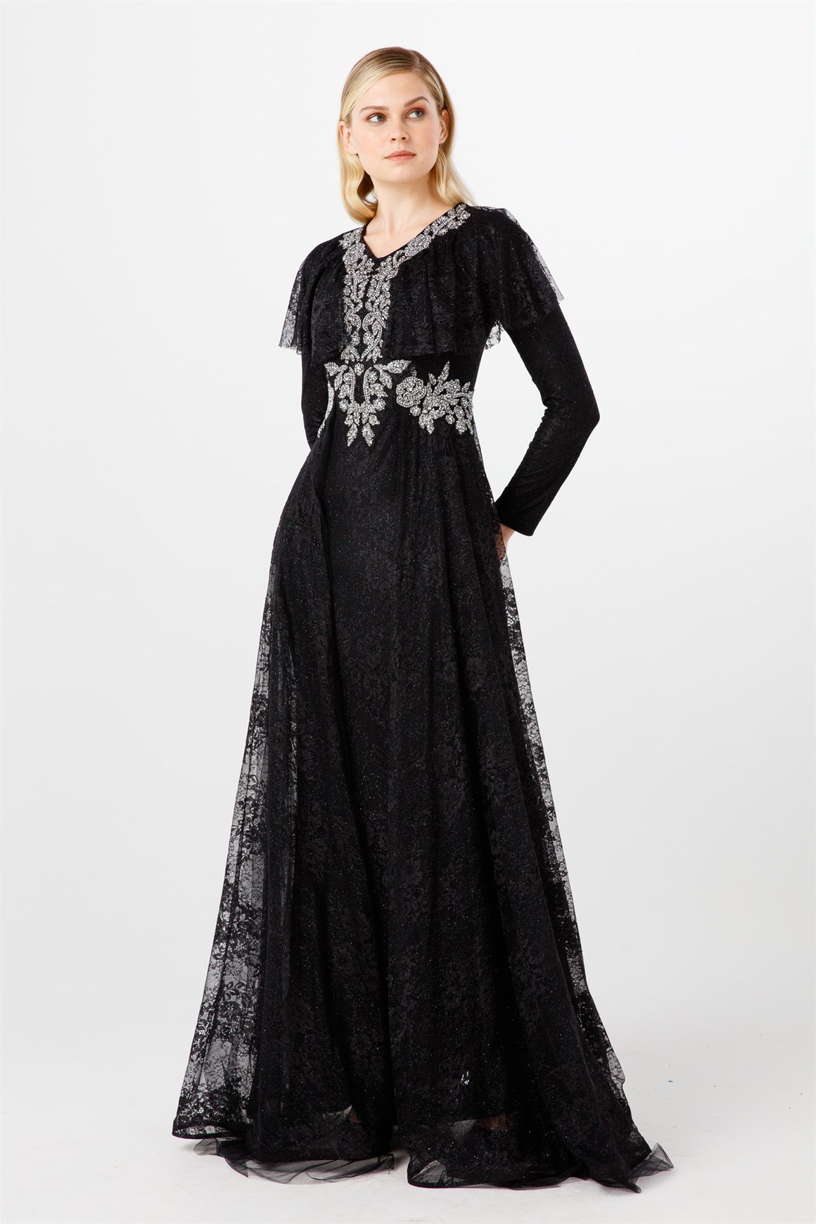 Siyah Ön Bel Ve Yaka Taşlı Volan Detaylı Şık Abiye Elbise