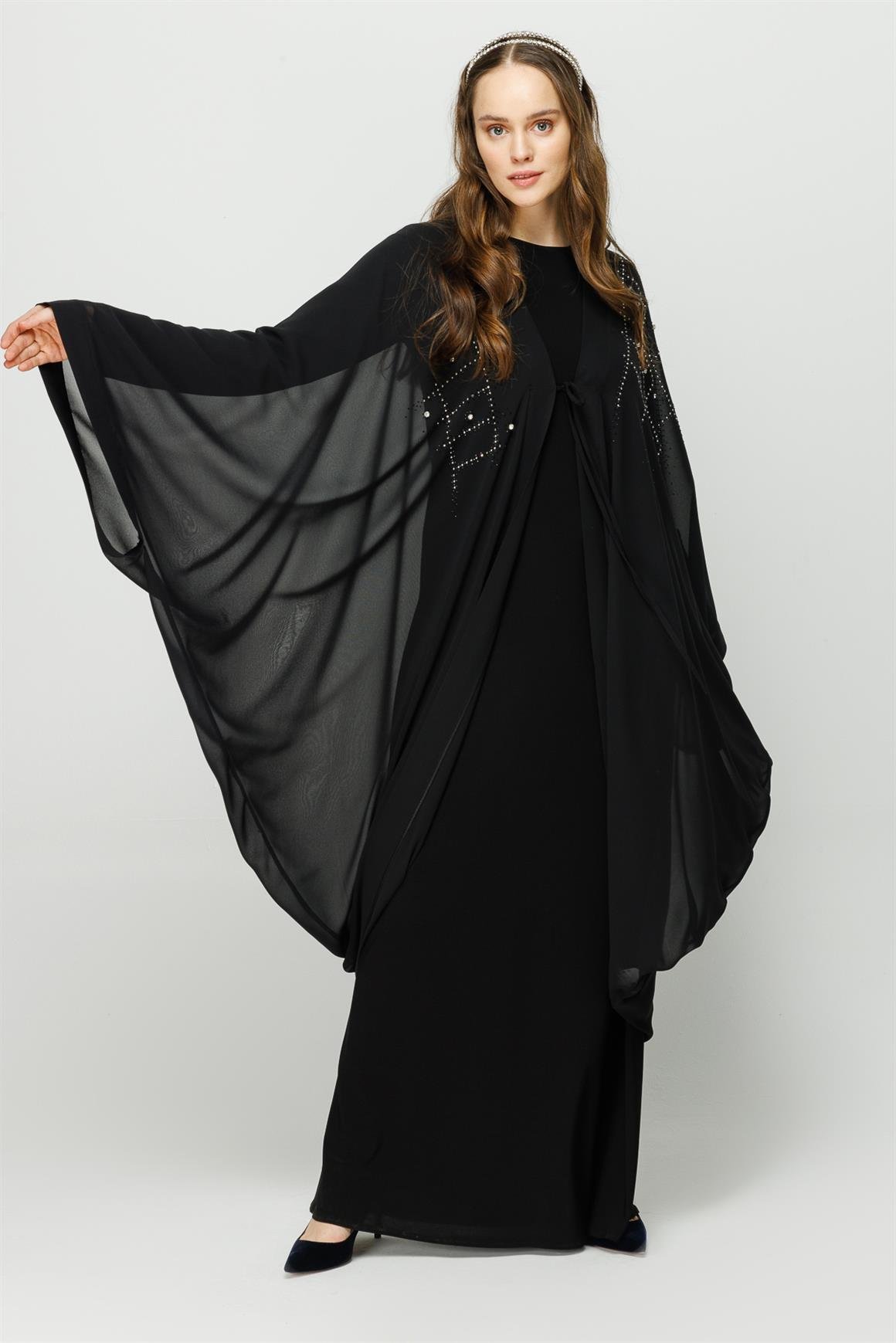 Dökümlü Taş Yapıştırma Detaylı İçi Sandy Dışı Şifon Elbiseli Takım  Siyah