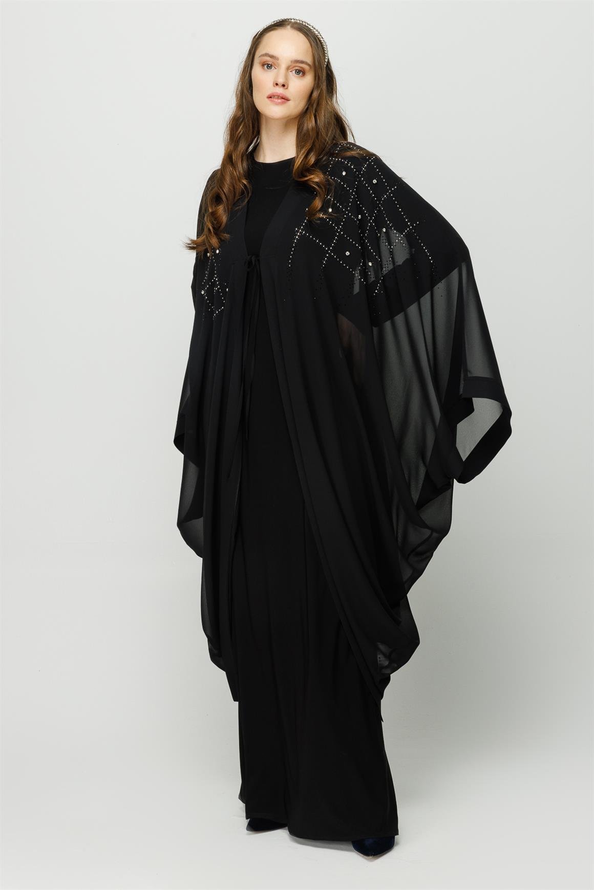 Dökümlü Taş Yapıştırma Detaylı İçi Sandy Dışı Şifon Elbiseli Takım  Siyah