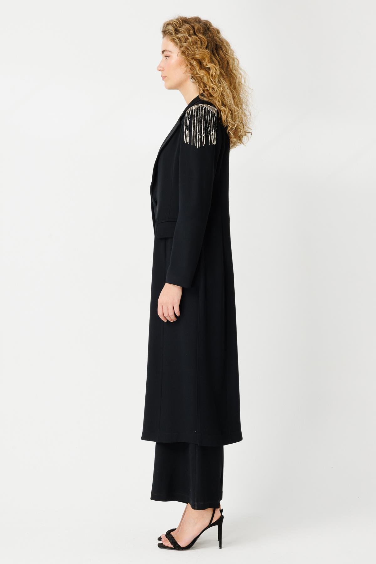 İçi Tulumlu Uzun Ceketli Omzu Taş Detaylı Takım  Siyah