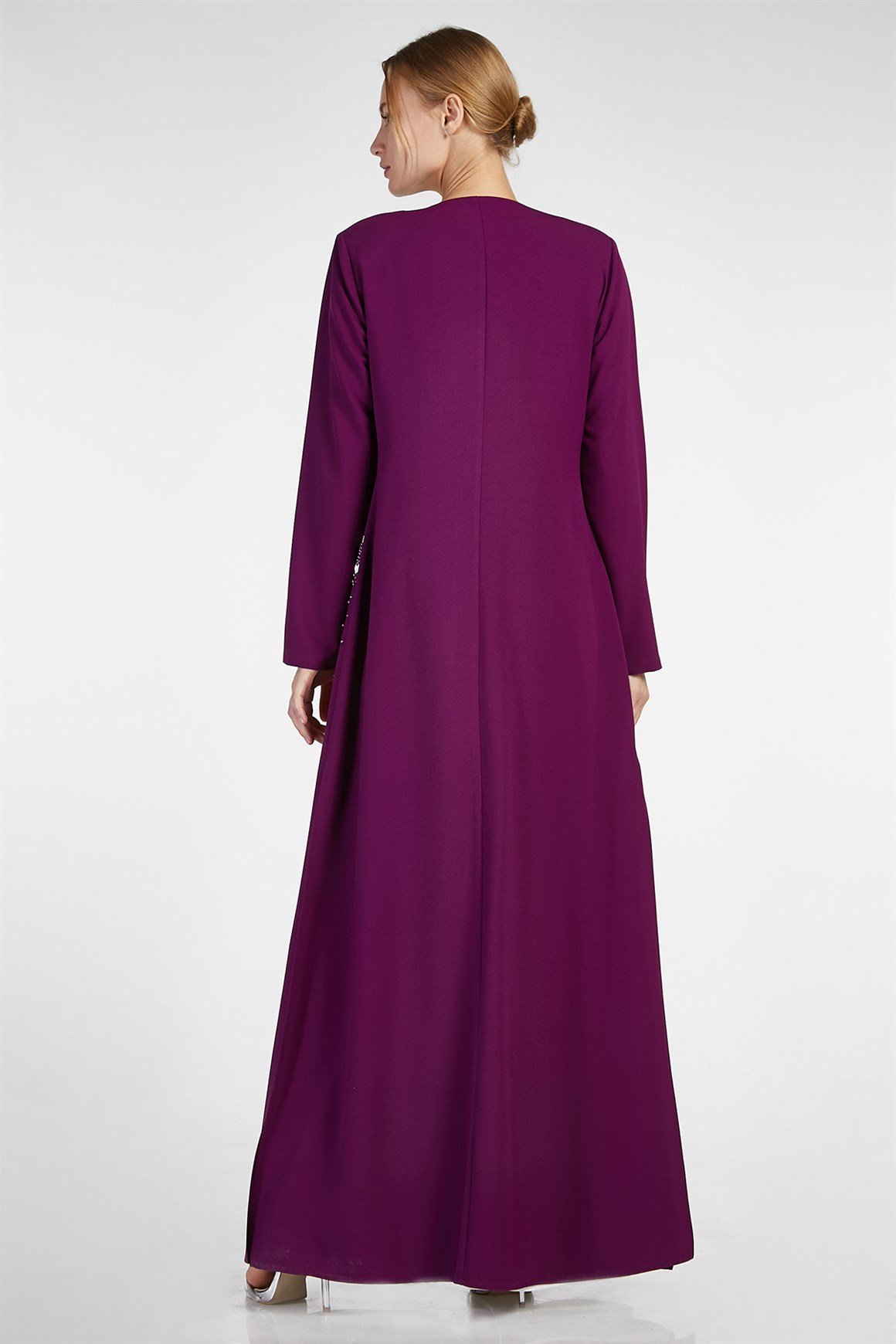 Mor - 2'li İçi Elbiseli Ceketi Taşlı Şeritli Abiye Takım