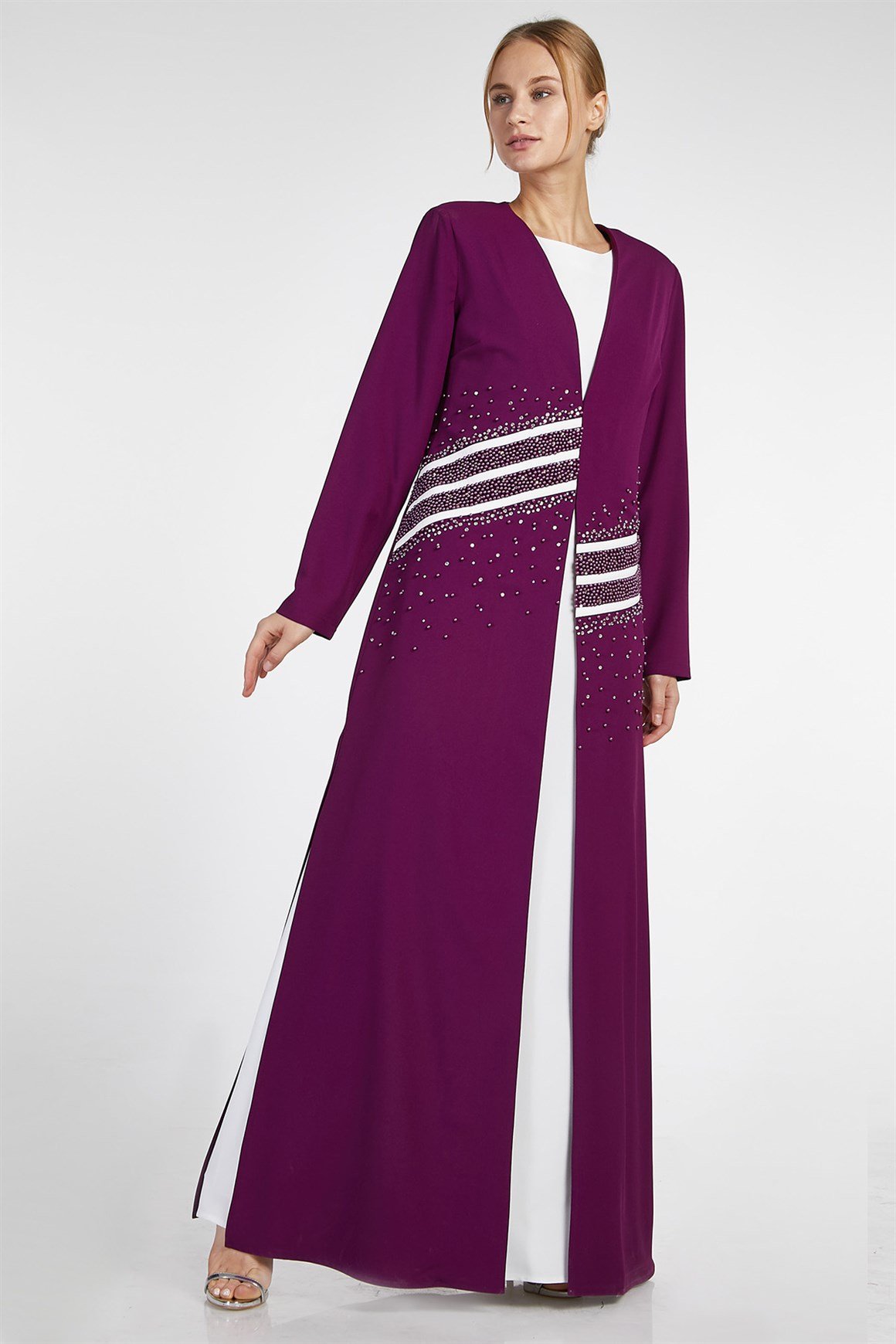 Mor - 2'li İçi Elbiseli Ceketi Taşlı Şeritli Abiye Takım