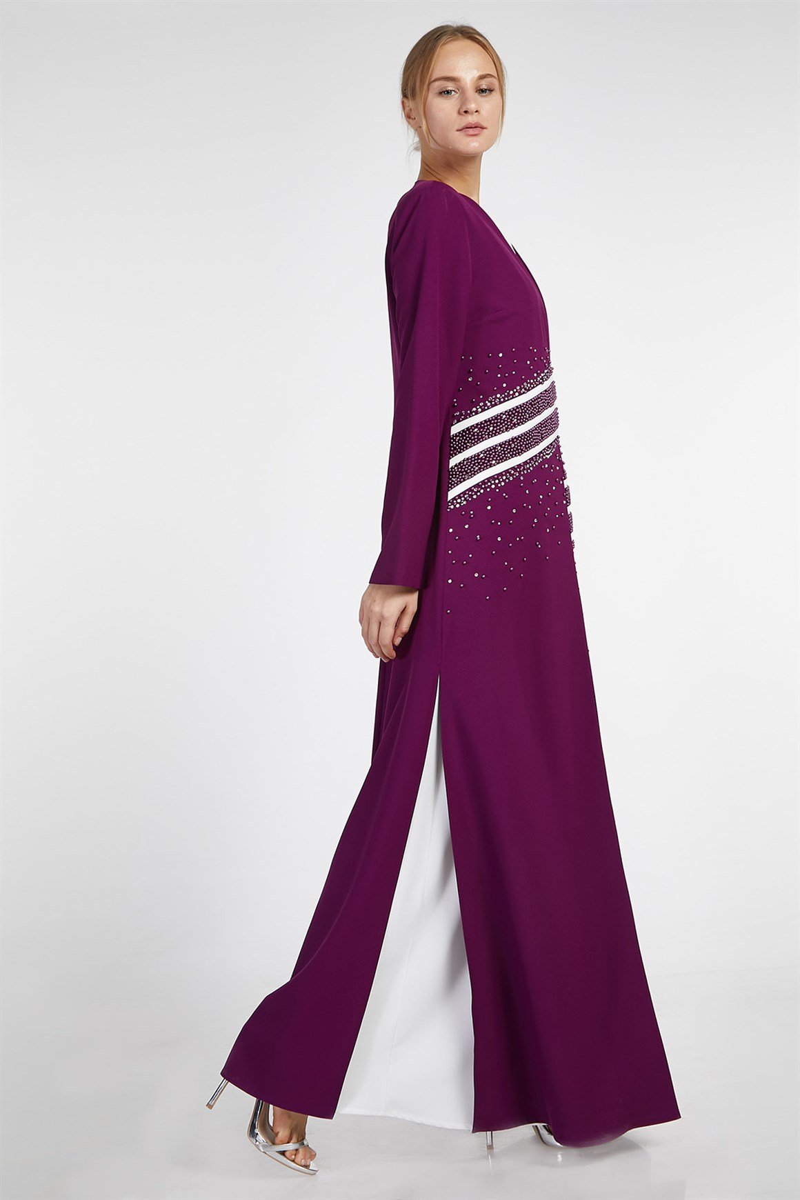 Mor - 2'li İçi Elbiseli Ceketi Taşlı Şeritli Abiye Takım