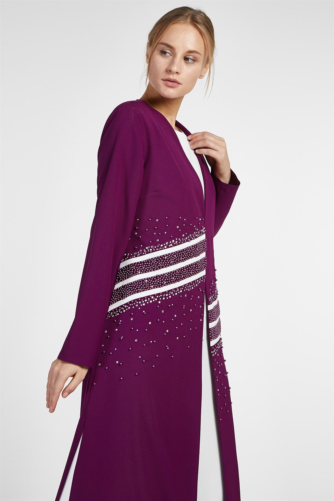 Mor - 2'li İçi Elbiseli Ceketi Taşlı Şeritli Abiye Takım