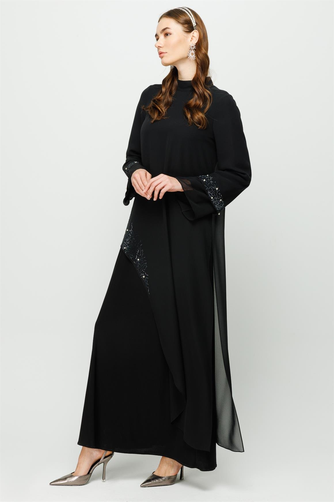 Taş Yapıştırma Detaylı İçi Sandy Dışı Şifon Elbiseli Takım  Siyah