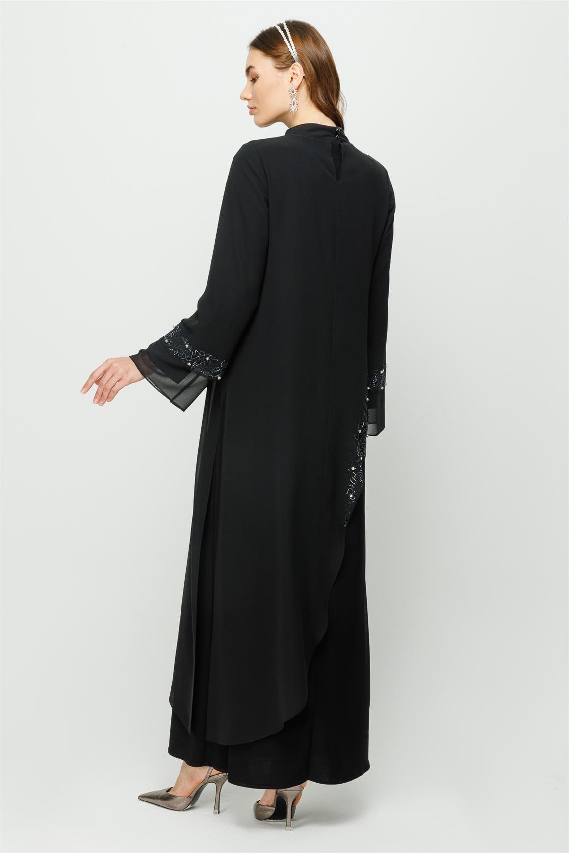 Taş Yapıştırma Detaylı İçi Sandy Dışı Şifon Elbiseli Takım  Siyah