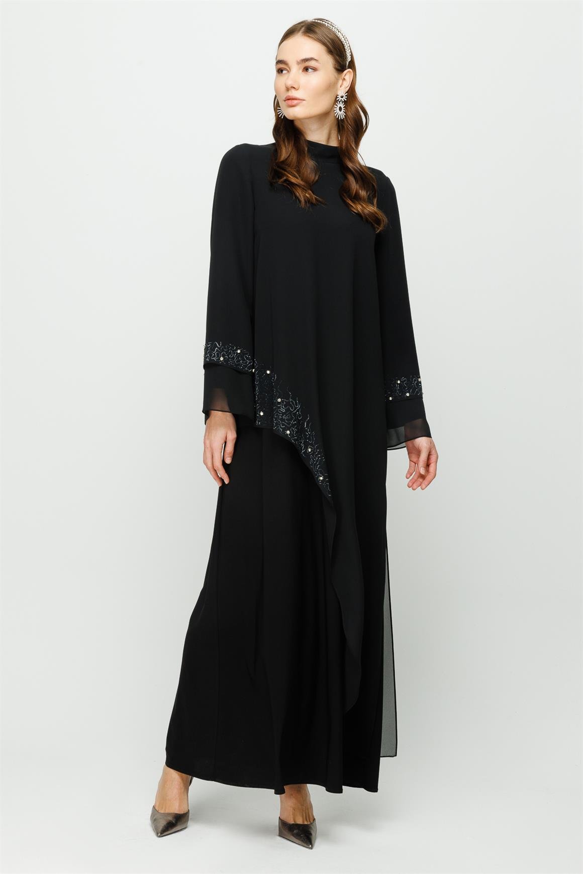 Taş Yapıştırma Detaylı İçi Sandy Dışı Şifon Elbiseli Takım  Siyah