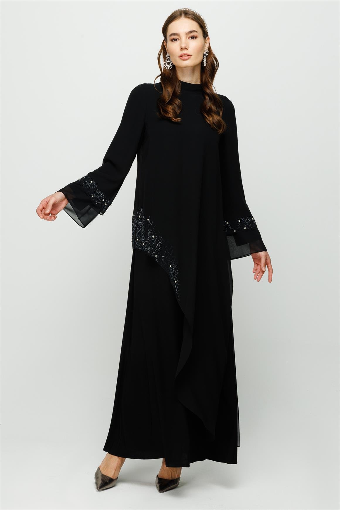 Taş Yapıştırma Detaylı İçi Sandy Dışı Şifon Elbiseli Takım  Siyah