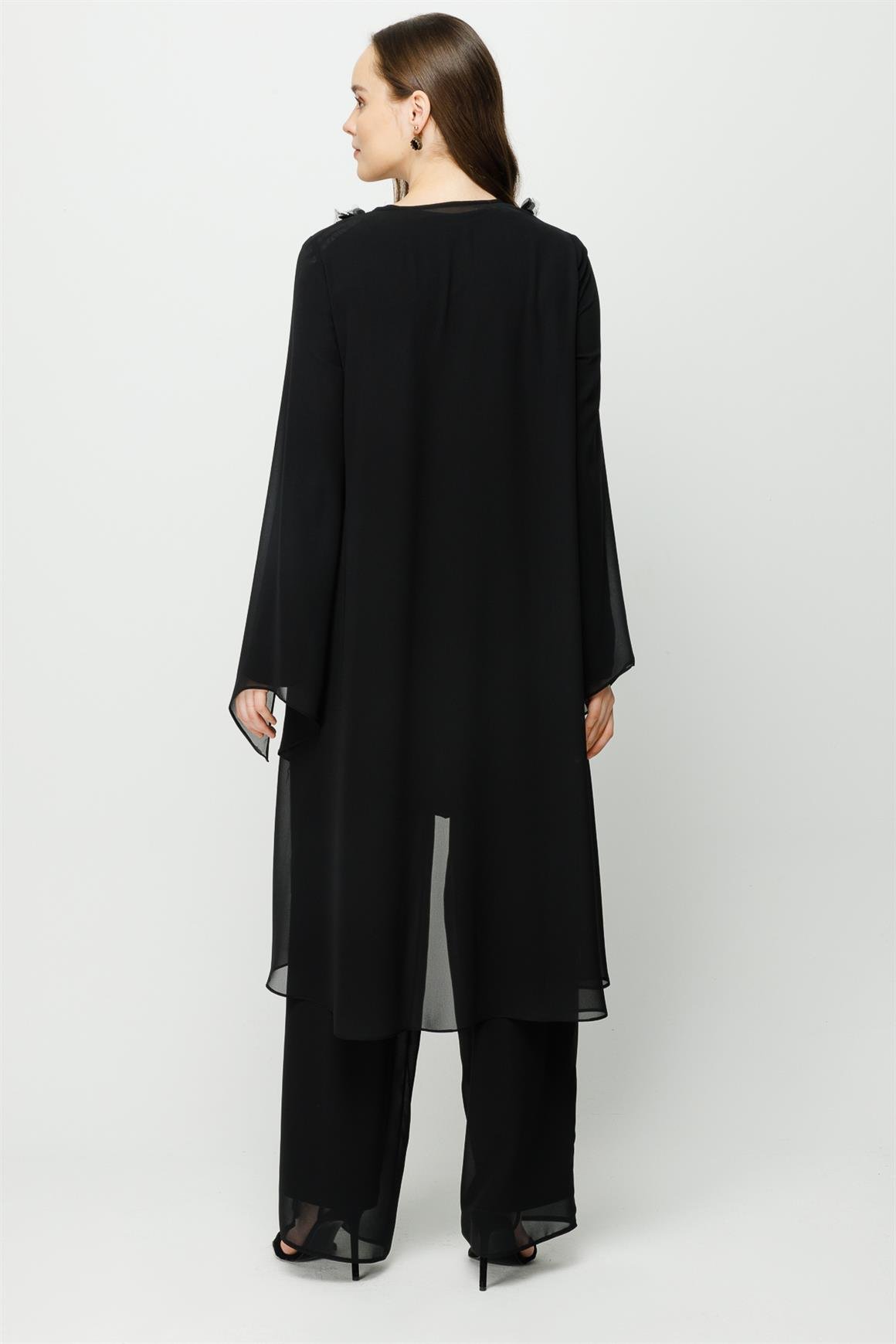 Yakası Nakış ve Taş İşli İçi Sandy Üstü Şifon Takım  Siyah