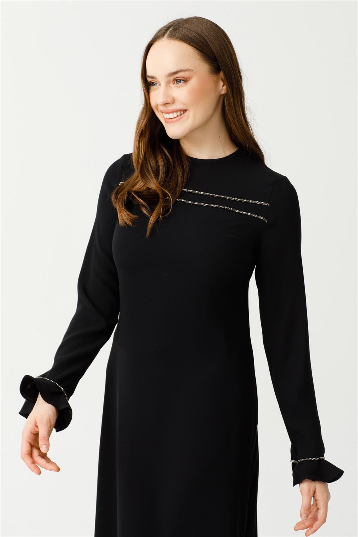 Yırtmaç Ve Şık Biye Detaylı Pantolon ve Uzun Tunikli Takım  Siyah