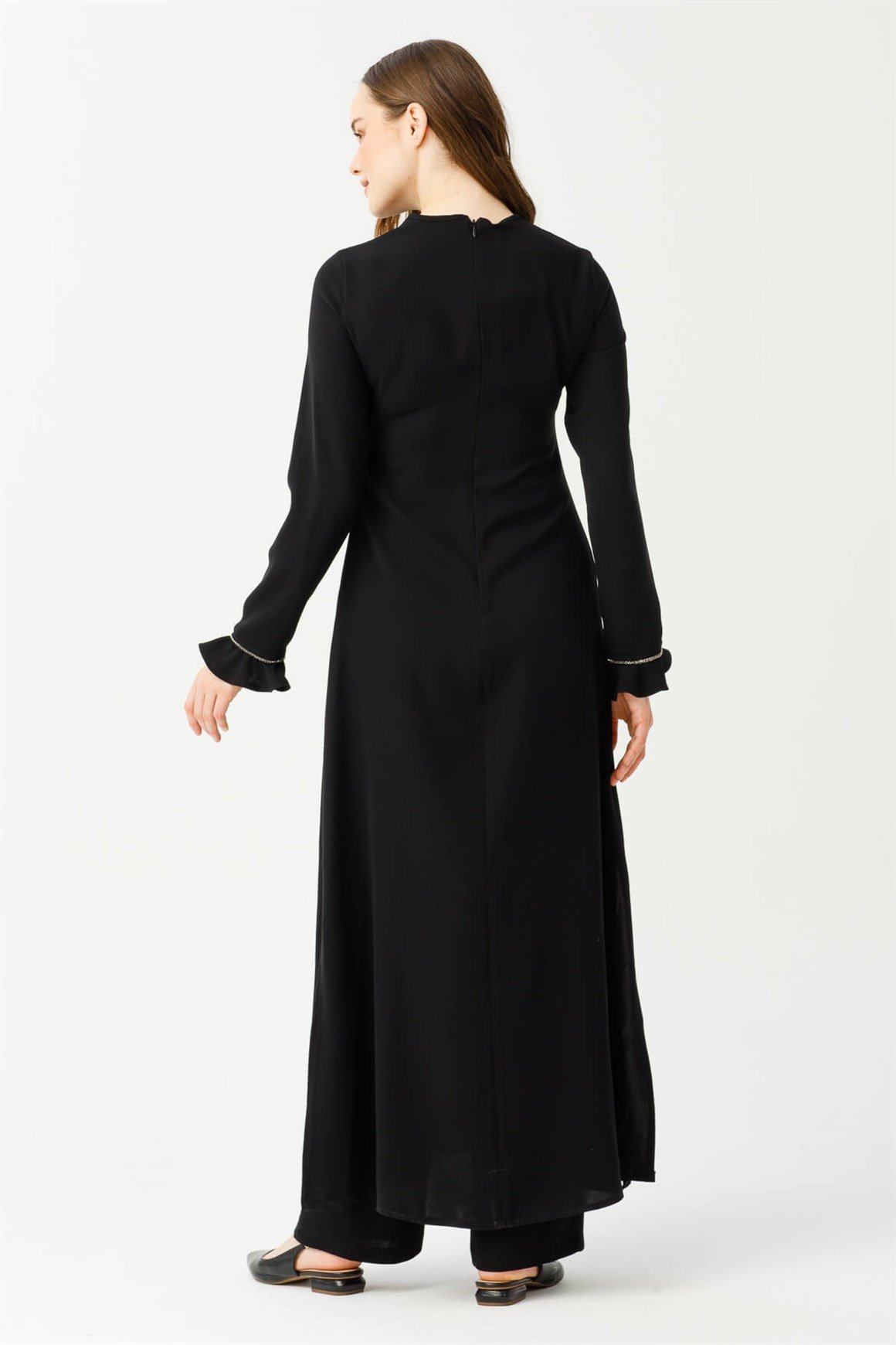 Yırtmaç Ve Şık Biye Detaylı Pantolon ve Uzun Tunikli Takım  Siyah