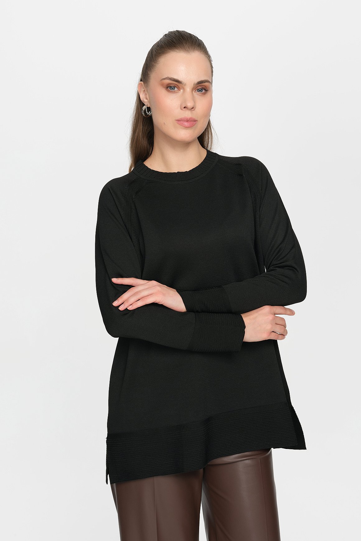 Fitil Detaylı Triko Tunik  Siyah