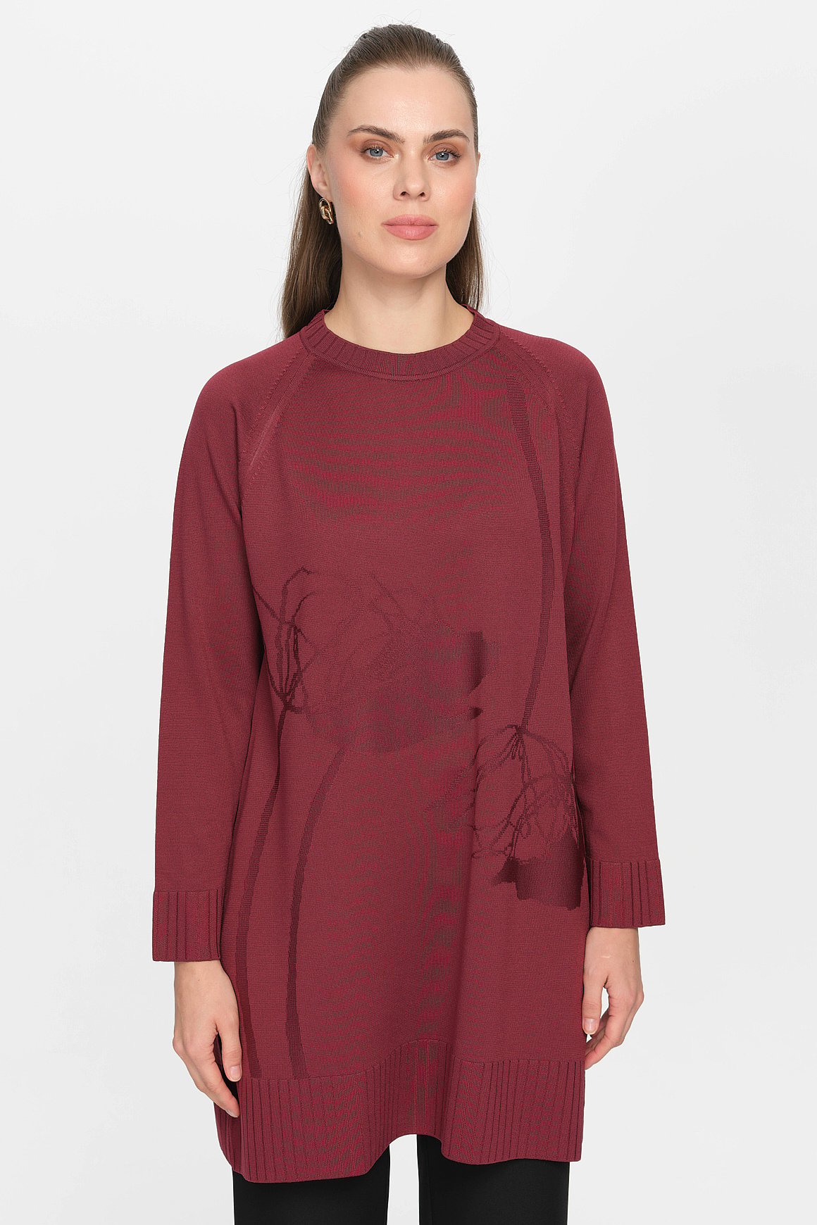 Nakış Detaylı Raglan Kol Triko Tunik  Mürdüm