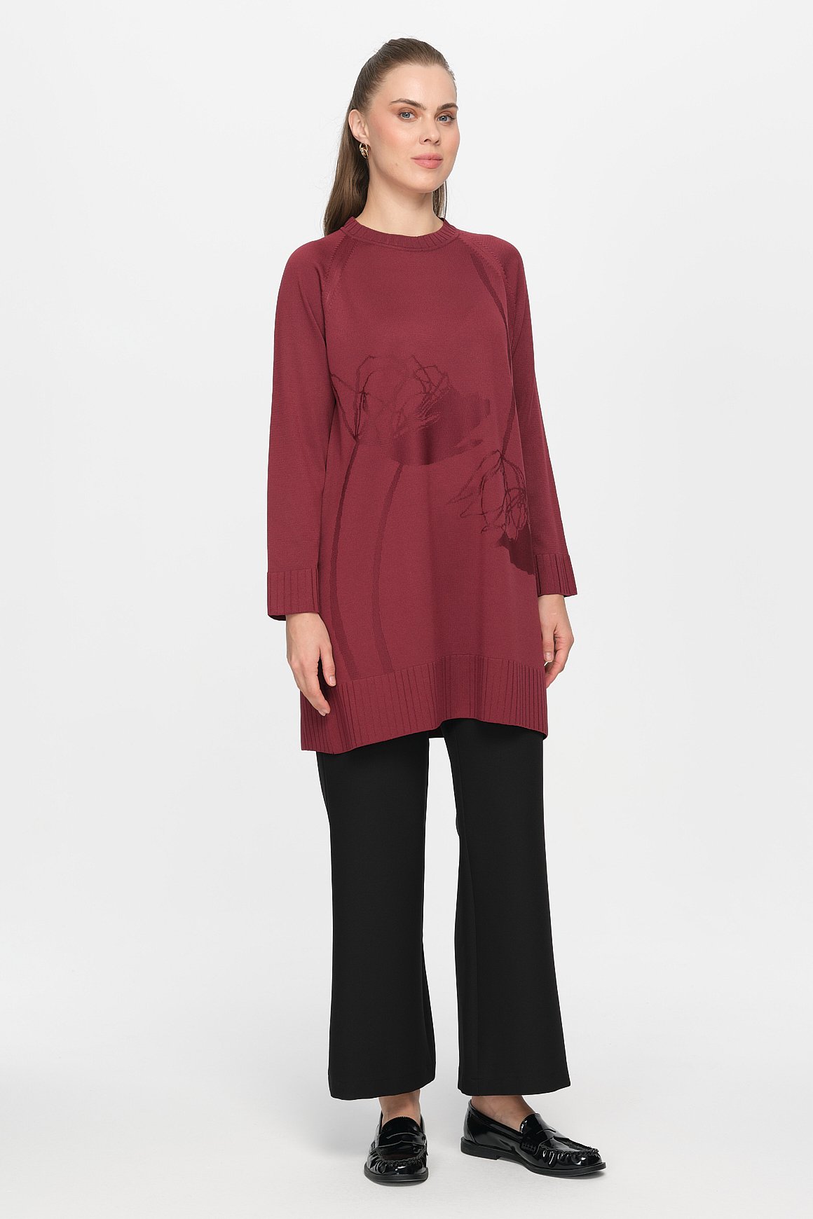 Nakış Detaylı Raglan Kol Triko Tunik  Mürdüm