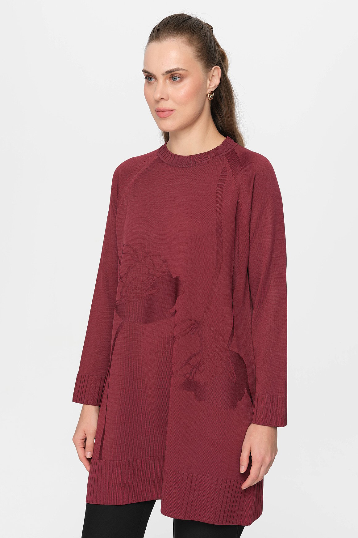 Nakış Detaylı Raglan Kol Triko Tunik  Mürdüm