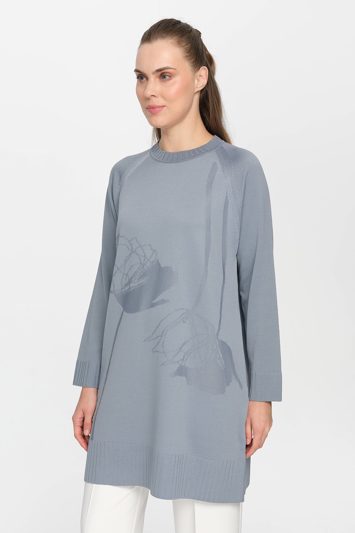 Nakış Detaylı Raglan Kol Triko Tunik  Gri