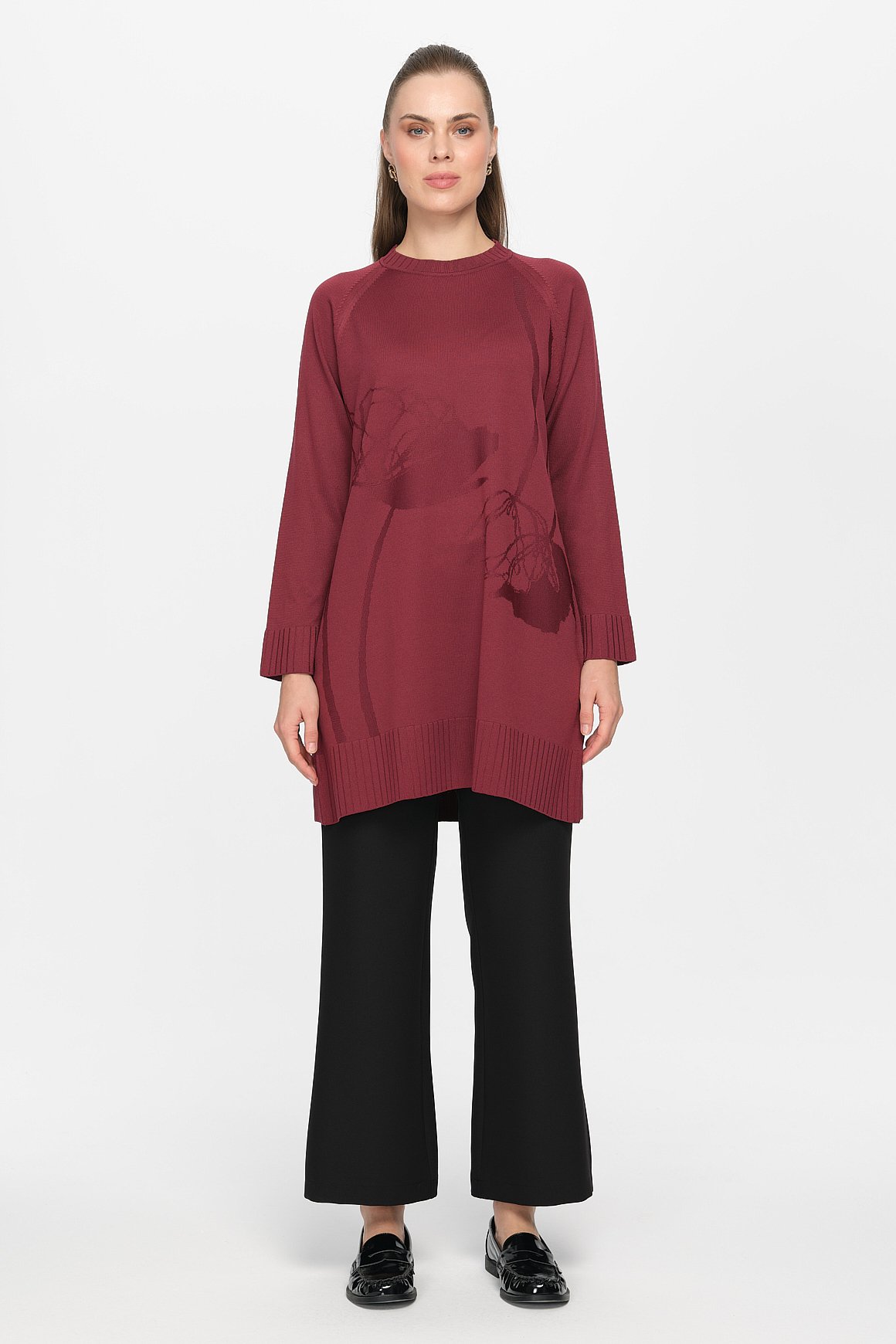 Nakış Detaylı Raglan Kol Triko Tunik  Mürdüm