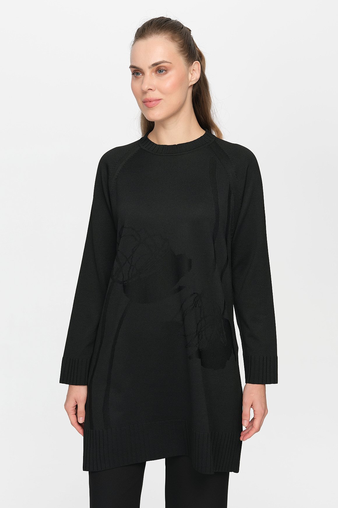 Nakış Detaylı Raglan Kol Triko Tunik  Siyah