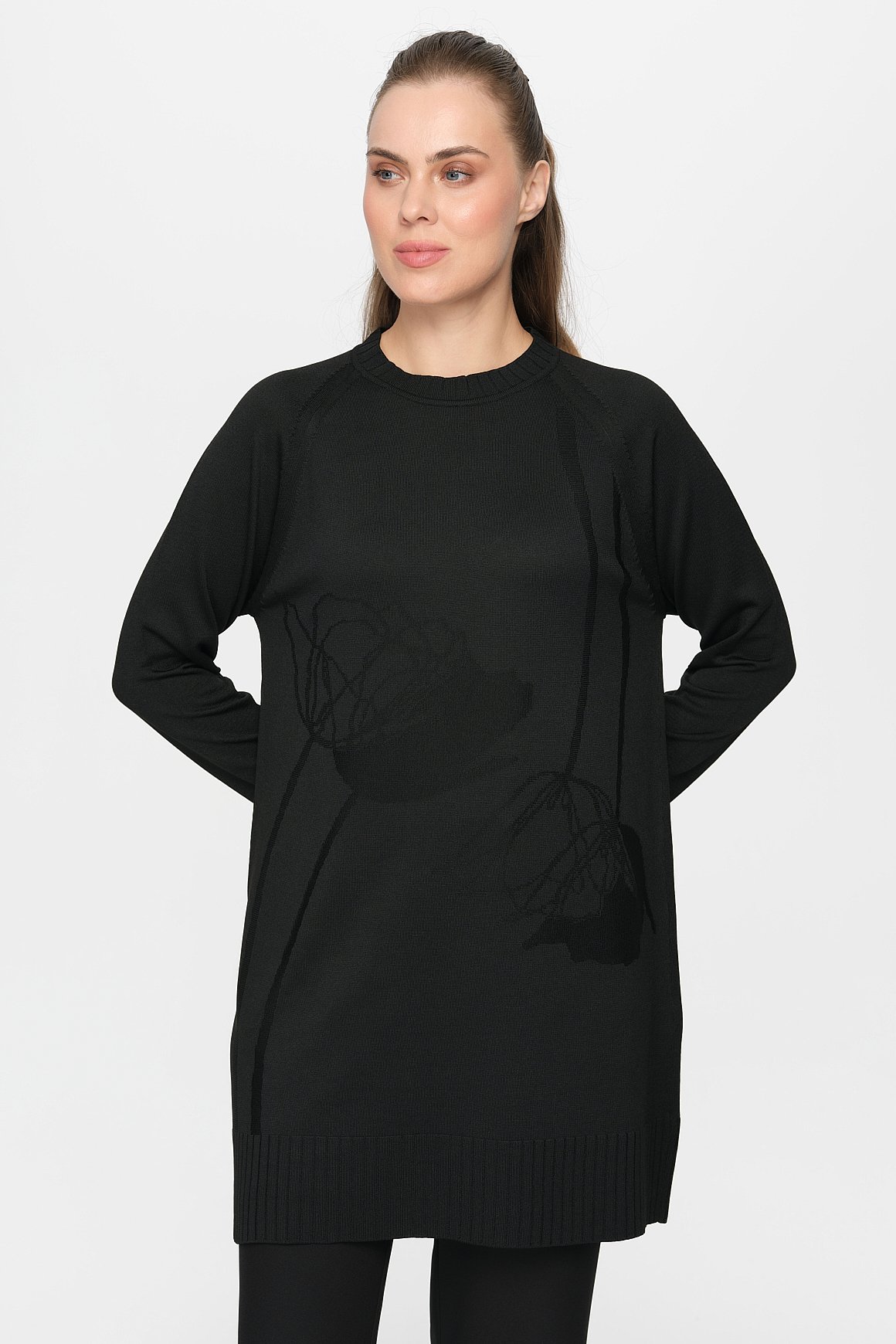 Nakış Detaylı Raglan Kol Triko Tunik  Siyah