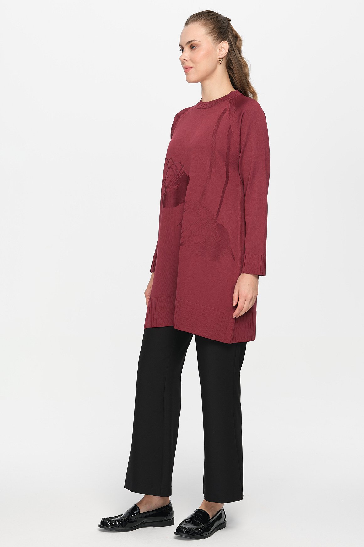 Nakış Detaylı Raglan Kol Triko Tunik  Mürdüm