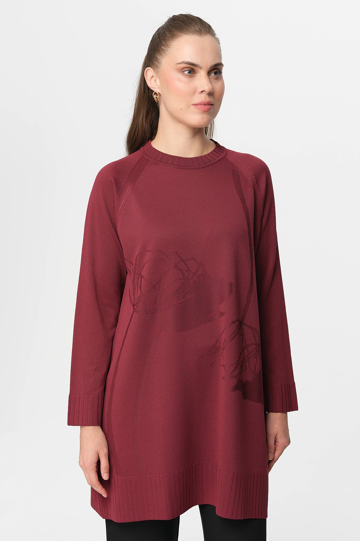 Nakış Detaylı Raglan Kol Triko Tunik  Mürdüm