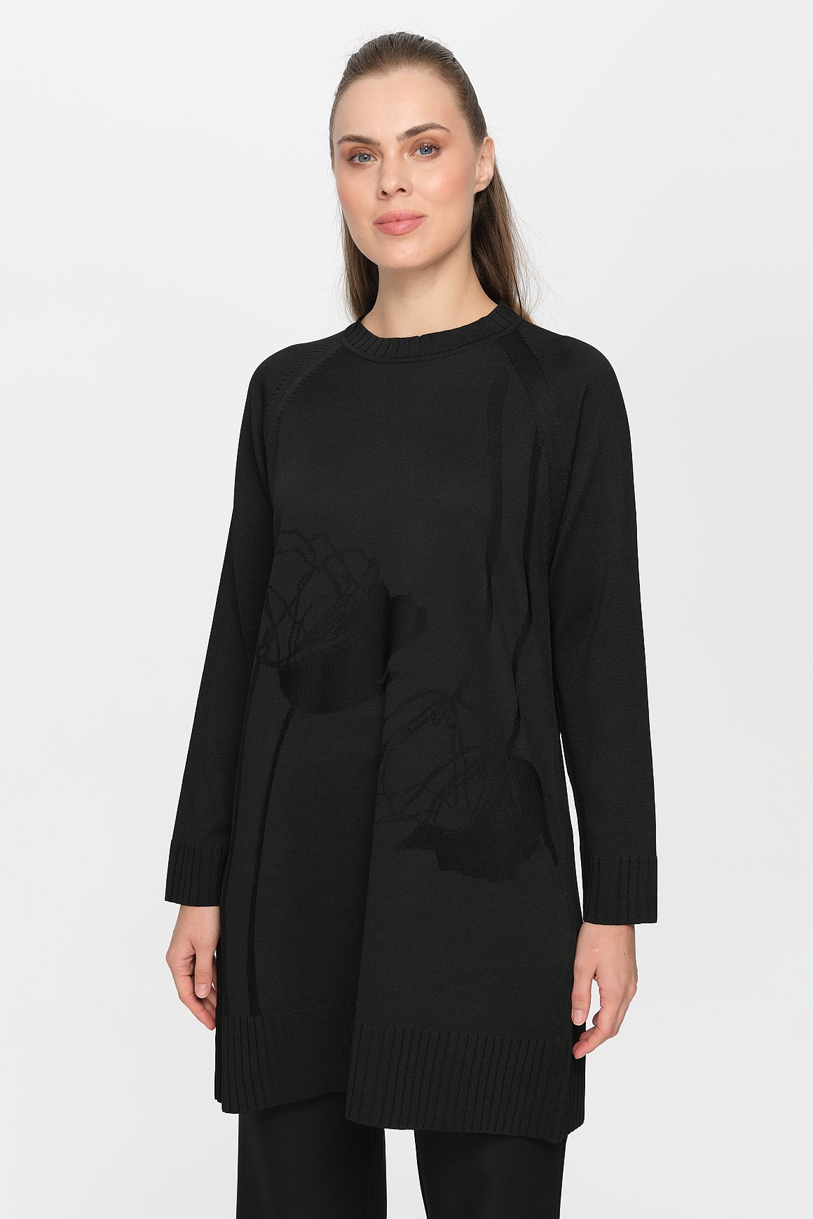 Nakış Detaylı Raglan Kol Triko Tunik  Siyah
